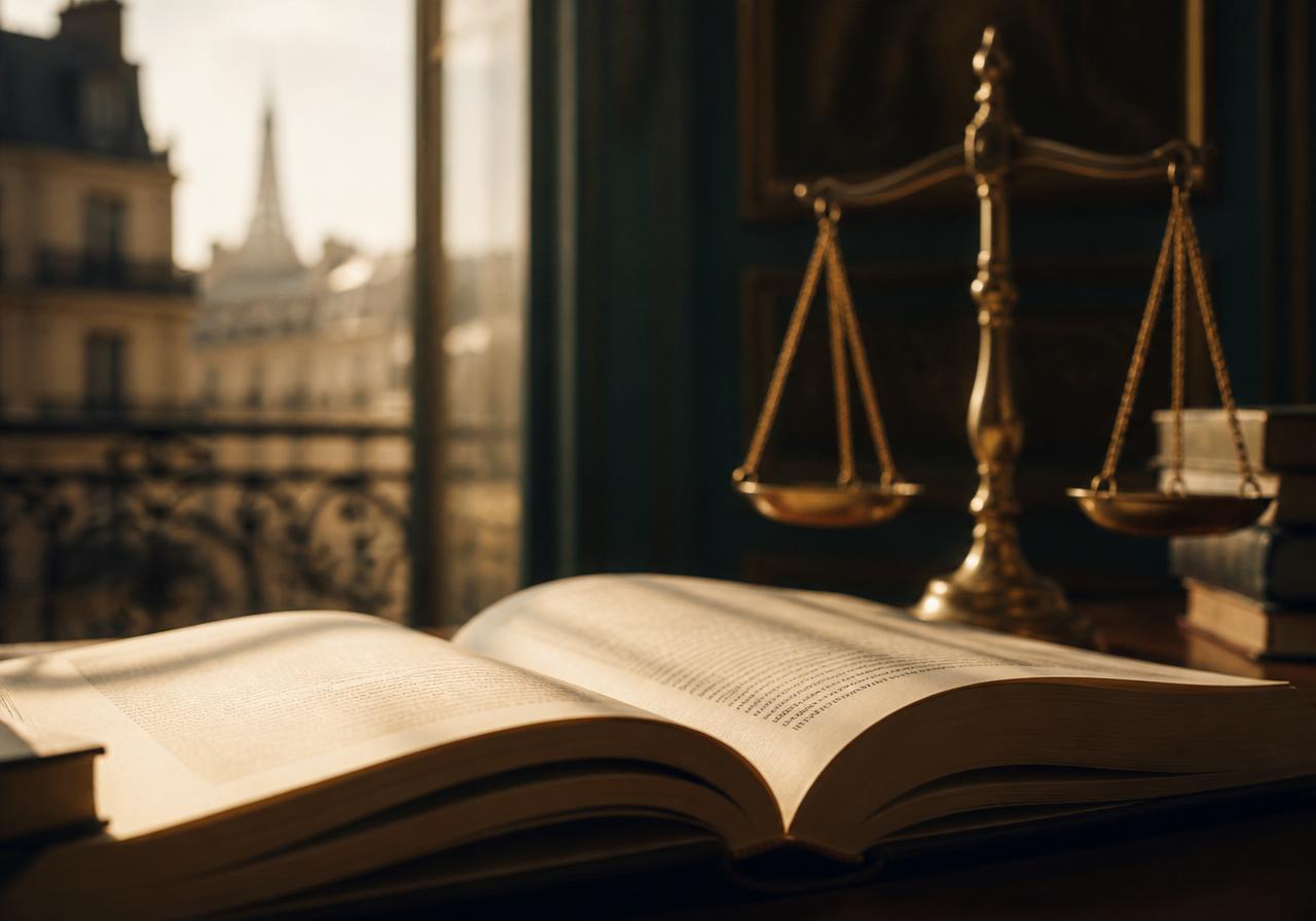 Law book and scale of justice by a Parisian window